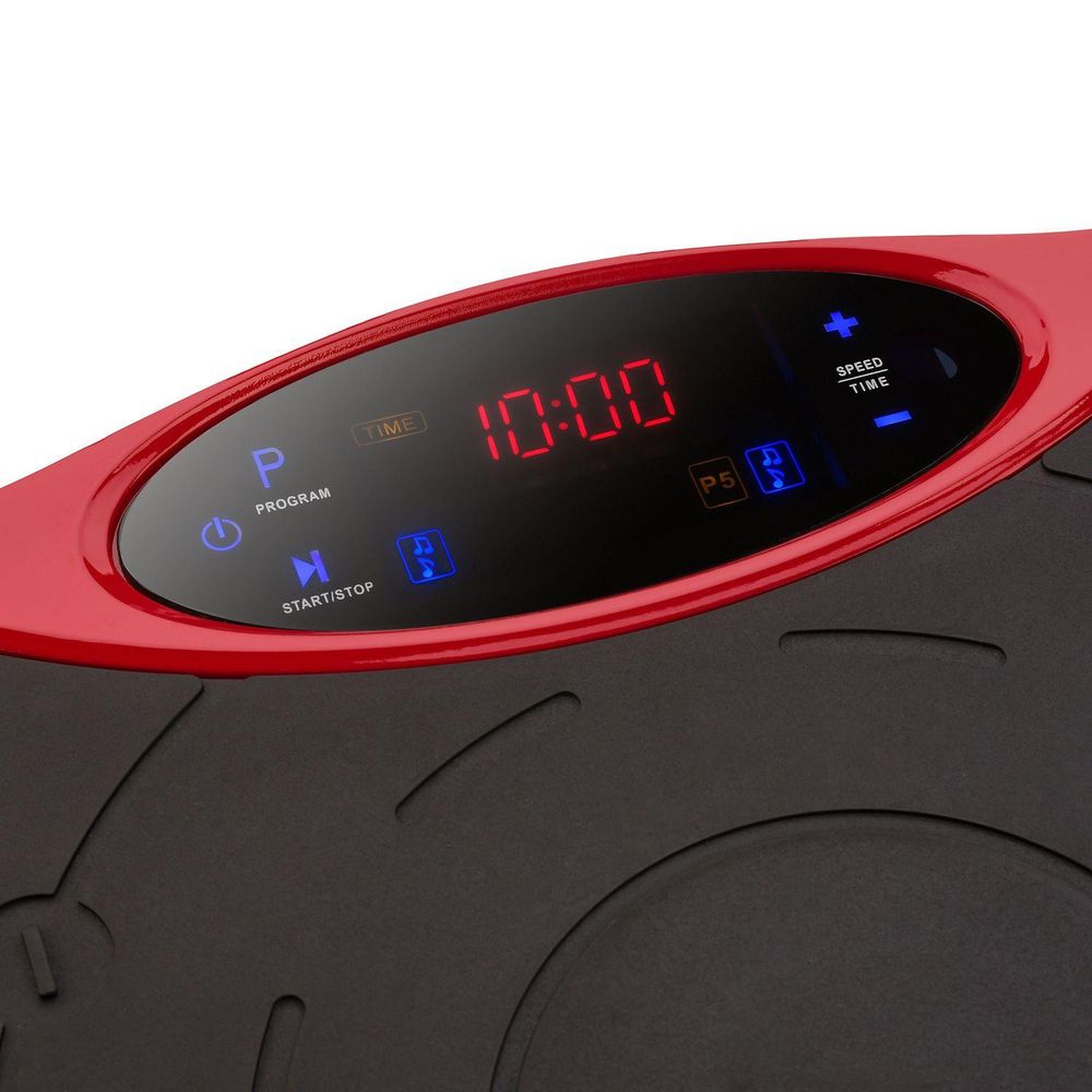 Nahaufnahme des Displays der Vibrationsplatte, zeigt Zeit und Programme
