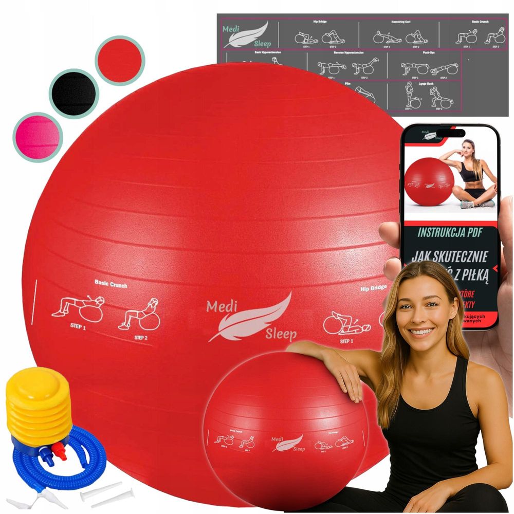 Gymnastikball 65 cm mit Luftpumpe - Sitzball, Trainingsball, Yogaball, Pilatesball - Fitnessball für Core Training mit gezeichneten Übungen - Rot