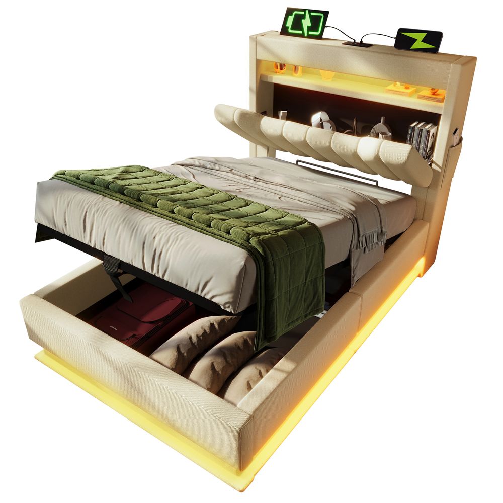 Flieks Polsterbett 90x200cm mit Ladefunktion (USB & Type-C), Einzelbett Jugendbett mit Led, Stauraumbett Boxspringbett mit Stauraum, Leinen, Beige