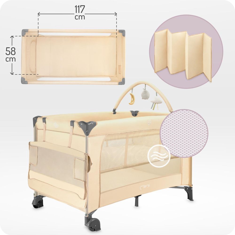 MoMi BELOVE PLUS – Babyreisebett mit Matratze, Spielbogen & Wickeltisch, 2 Ebenen, Zubehör inkl. – Beige