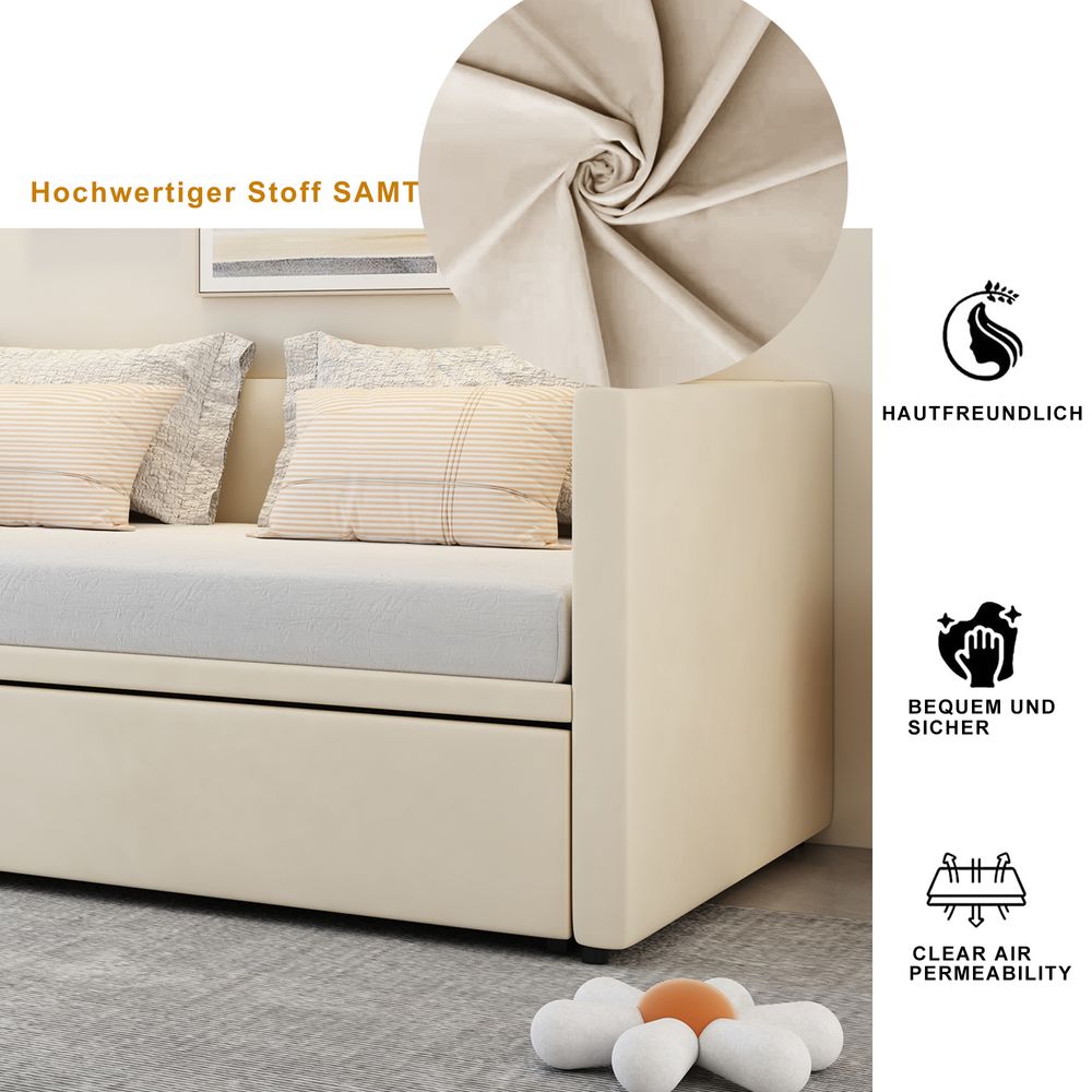 okwish Polsterbett 90/180*200 cm, multifunktionales Ausziehsofa mit Lattenrost, aus hautfreundlichem Samtstoff, Beige