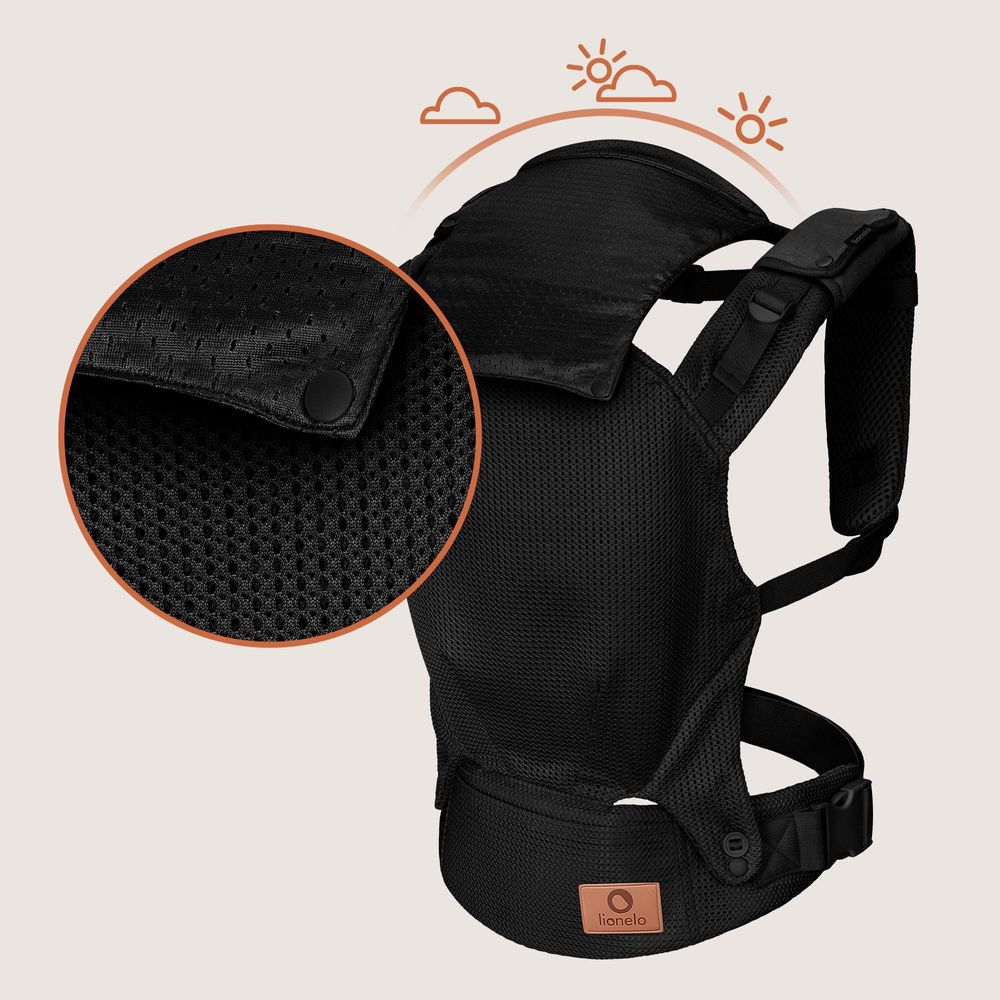 Margareet Air Ergonomische Babytrage, geeignet für Babys ab 4 Monaten bis 20 kg, 3 Tragemodi, atmungsaktives Gewebe, abnehmbare Kapuze - Schwarz