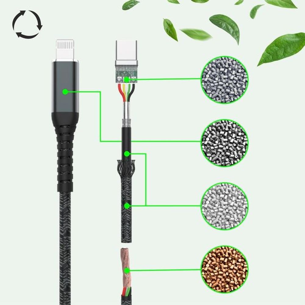 QUALO Recycling USB-C/Lightning Kabel 2,4 A 1 m QRC-CL-01 Schnellladung 27 W, langlebig, knickfest