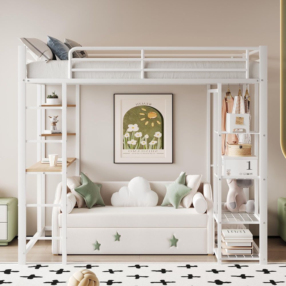 Merax Hochbett 90x200 mit Schreibtisch & Kleiderschrank, Kinderbett Metallbett für Kinder und Jugendliche, Etagenbett mit Stauraum und Ablage, Weiß