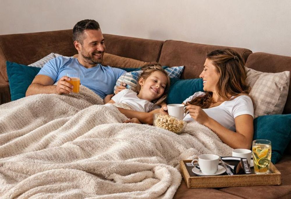 Familie mit Kind liegt gemütlich auf der ausgeklappten Schlaffläche des Ecksofas