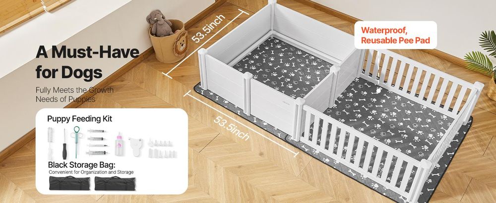 VEVOR Wurfbox für Hunde, 93,3x48,4x18,1 Zoll, Kunststoff PVC Welpen-Spielbereich mit höhenverstellbarem Tür und waschbarem Urinpad, 2-Raum-Layout Indoor-Welpen-Spielgehege für sehr große Hunderassen, Milchweiß, 237x123x46 cm