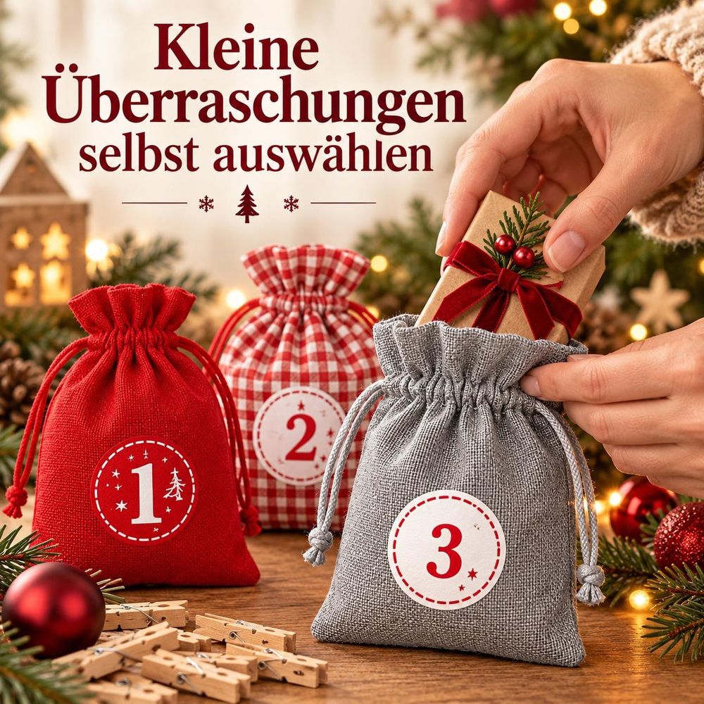 Hände legen eine verpackte Überraschung in ein graues Säckchen
