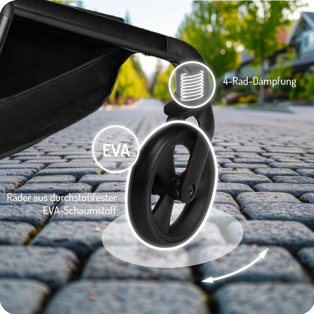 MoMi ADELLE – Leichter Kompaktbuggy mit 360° drehbarem & umkehrbarem Sitz, verstellbar, XL-Dach – Schwarz/Gold