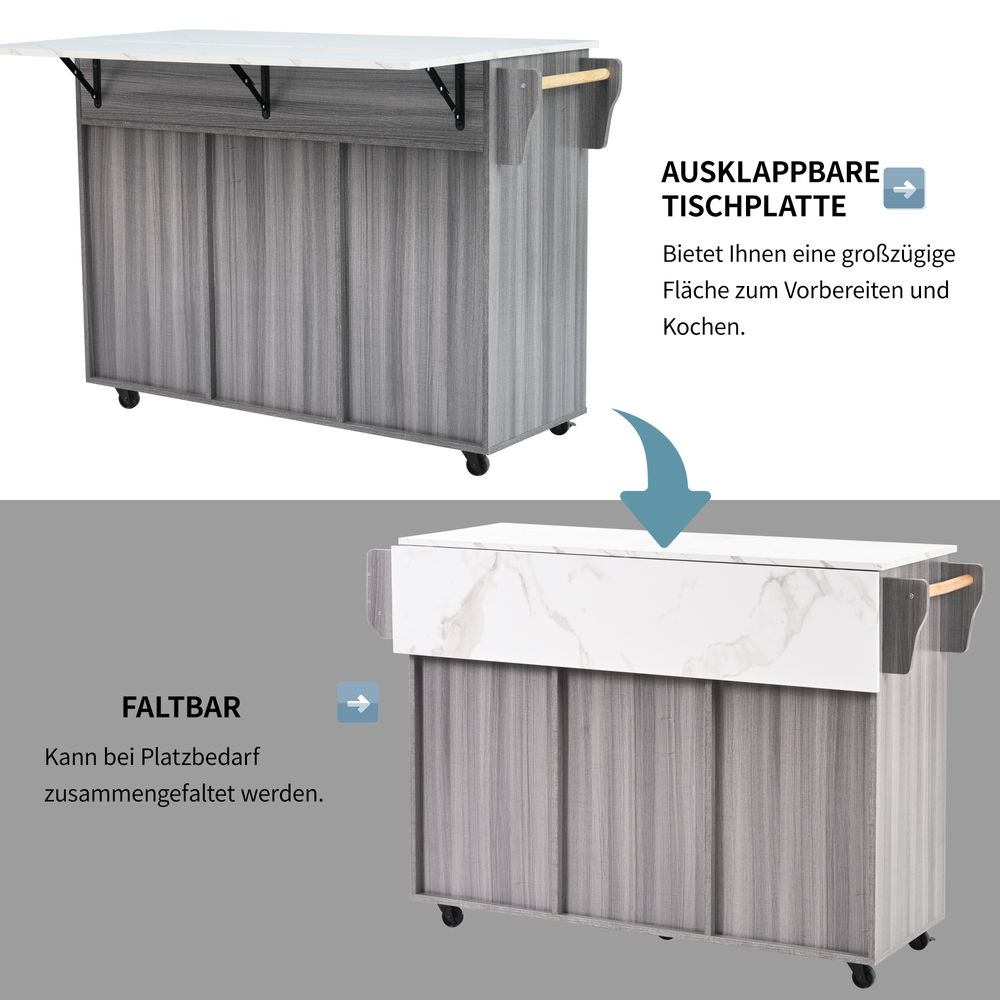 Flieks Servierwagen Kücheninsel Küchenschrank mit 3 Schubladen, Speisewagen mit Erweiterbarer Arbeitsplatte, Kücheinselwagen Küchentrolley, Grau