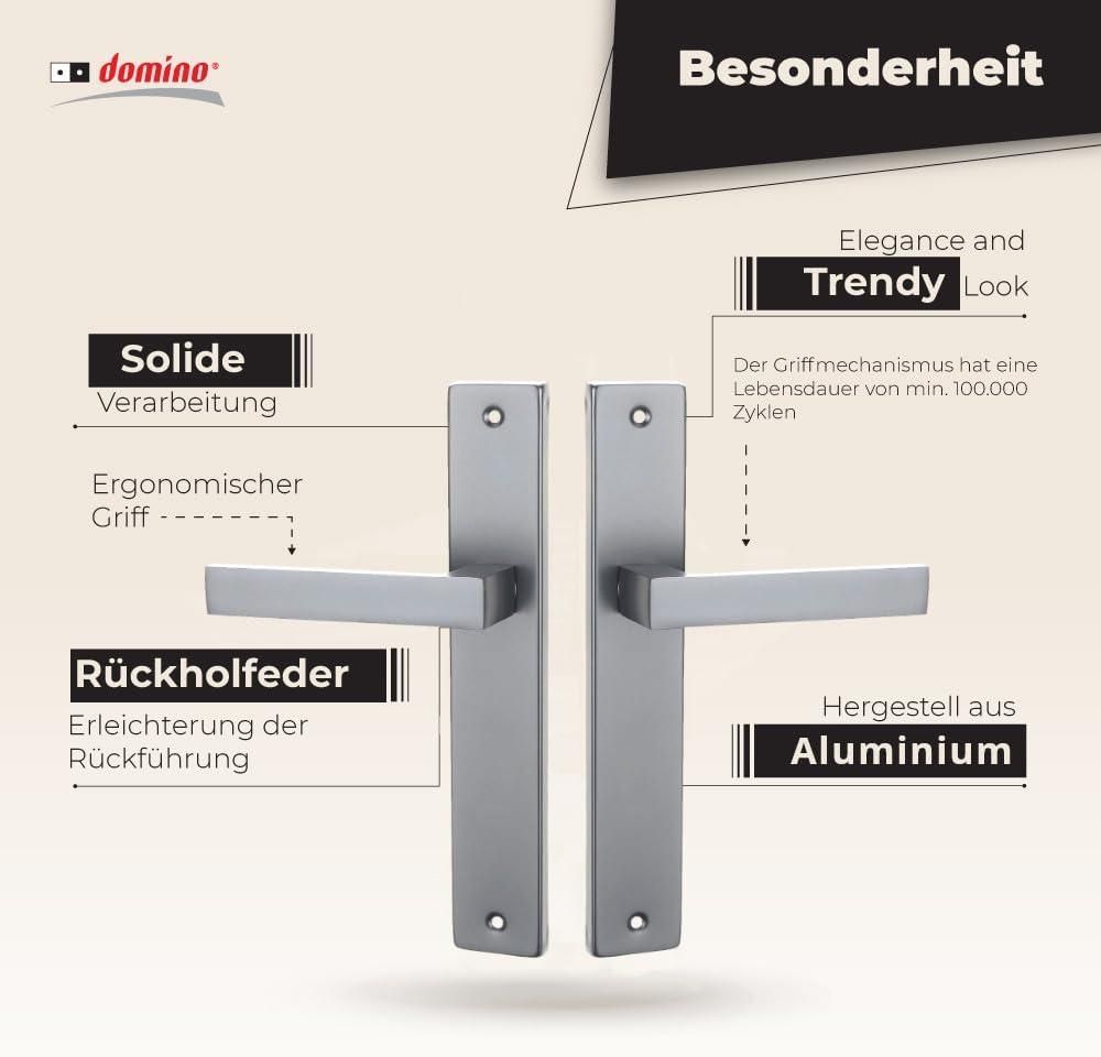 DOMINO Türgriff Blind Drückergarnitur | Langschildgarnitur | Türklinke für Zimmertür, Bürotür, Kellertür & Innentür | L-Form | Türbeschläge aus Aluminium | Satin Chrome Light Türdrückergarnitur | QUBIK M45