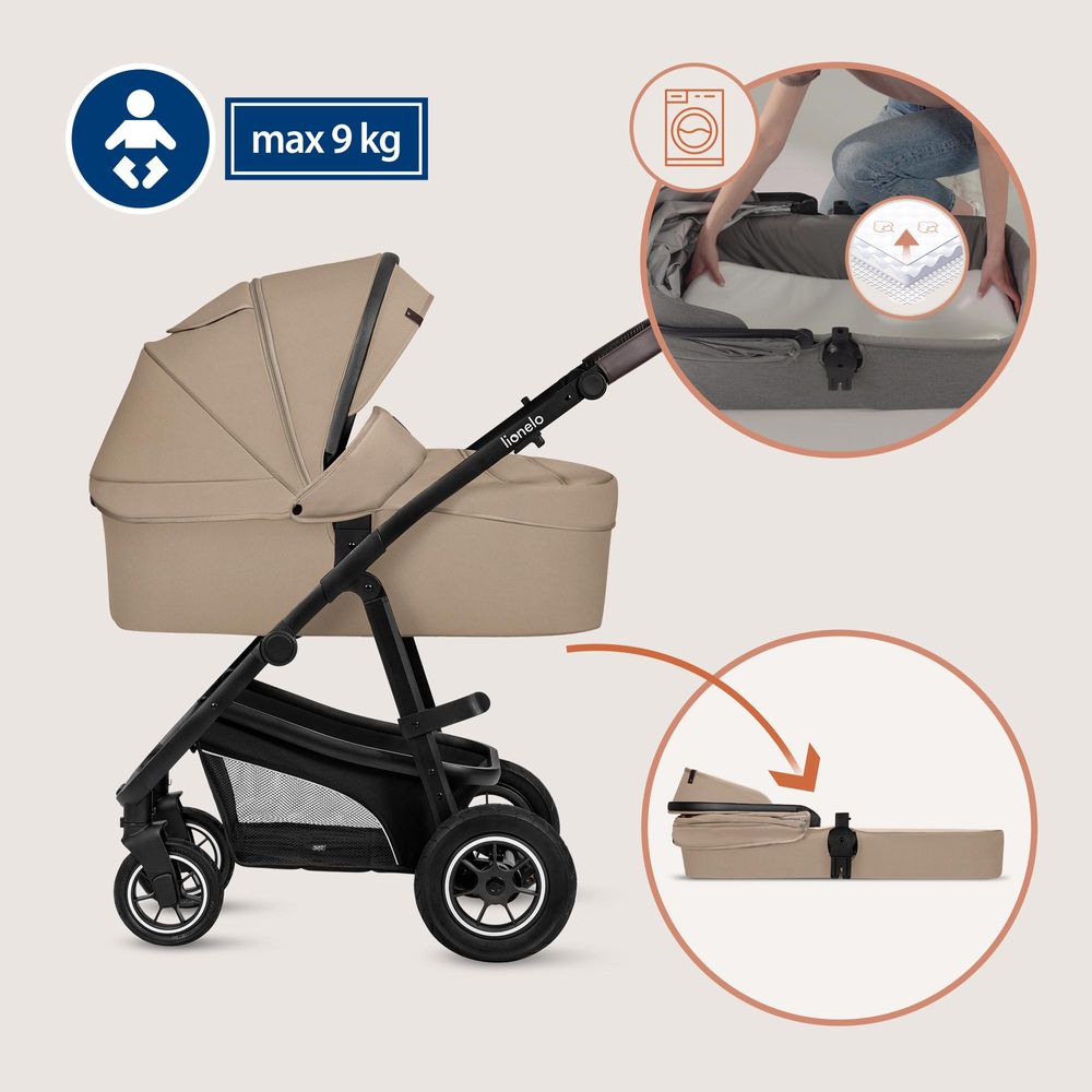 Lionelo Bianka 3in1 Kinderwagen, Autotransporter, Autositz, klappbar, Travel System Rückenlehne verstellbar 360o Räder Polsterung, Verdeck XXL-Beige