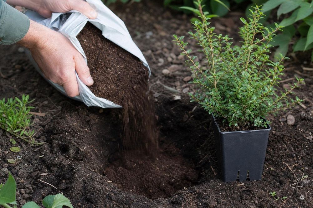 Einpflanz-Szene mit Sack Rhododendronerde neben dem Pflanzloch - praktischer Rat statt Botanik.