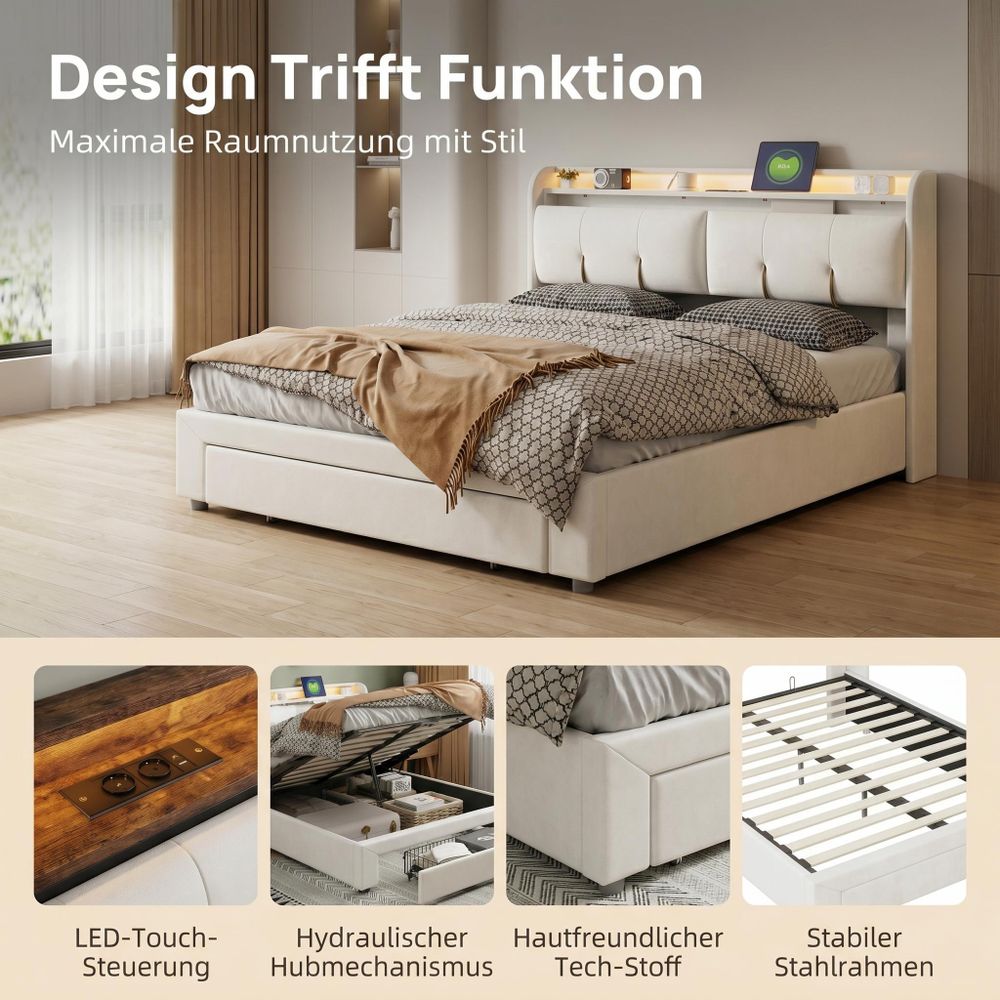 INONEFT Polsterbett 140x200cm mit LED & USB, Hydraulisches Stauraumbett , Samt Doppelbett Stauraumbett Funktionsbett, Beige