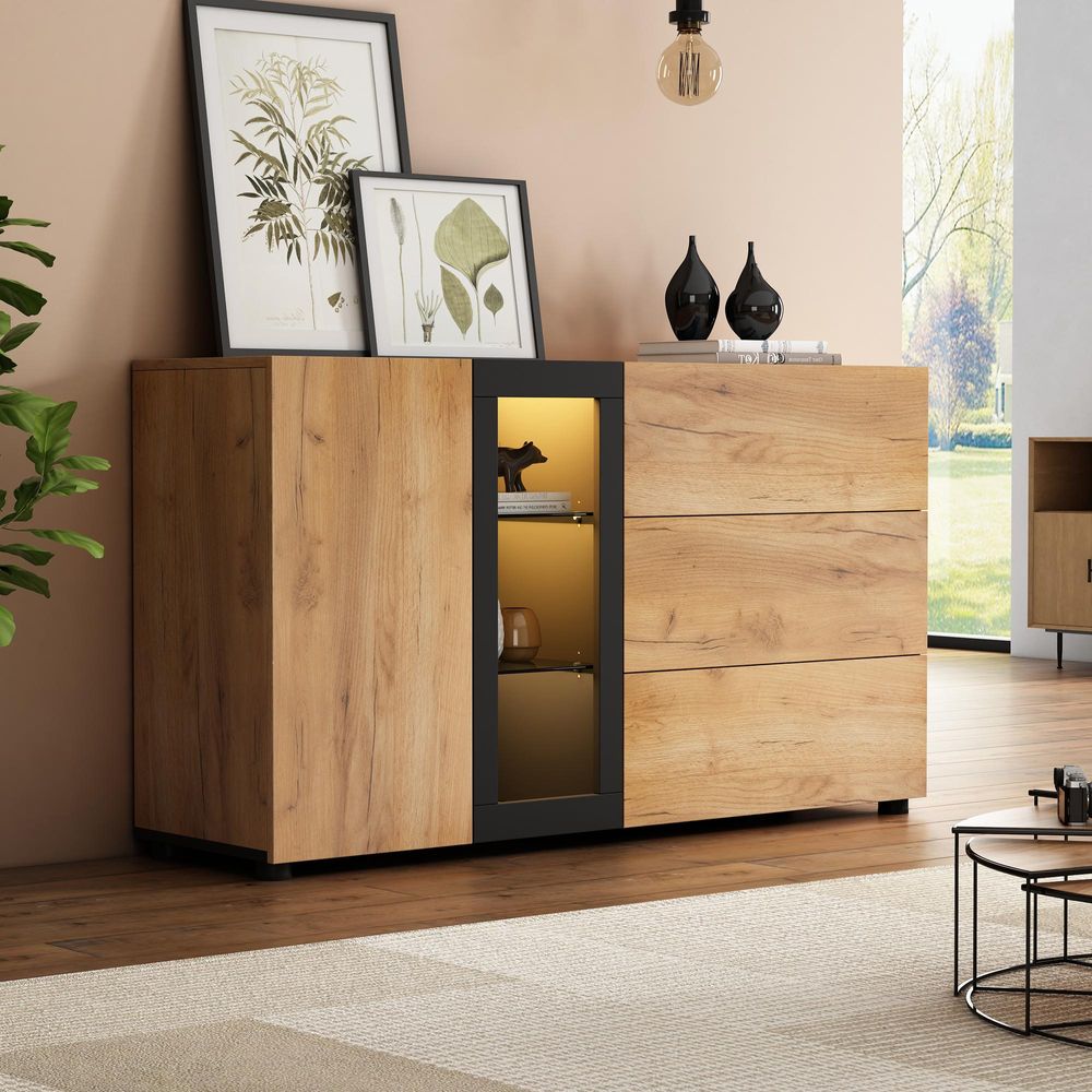 Merax Sideboard mit LED-Beleuchtung und App-Steuerung, Kommode mit Glasböden 140x40x80 cm, 3 Schubladen, Stauraum, Push-to-Open, Schwarz + Braun