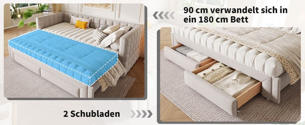 MODFU Daybett, Ausziehbett 90x200cm  Schlafsofa Jugendbett Kinderbett Tagesbett,t mit quadratischer Rückenlehne,(ausziehbar auf 180 Queensize), 2 Schubladen, Ohne Matratze, Beige