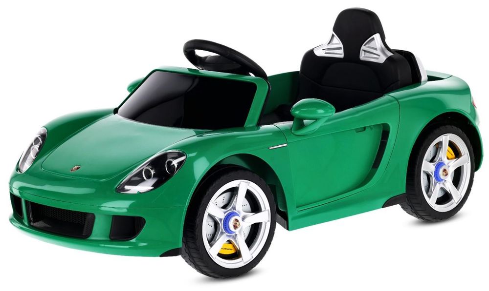 Auto elettrica per bambini verde ispirata alla Porsche Carrera GT vista laterale