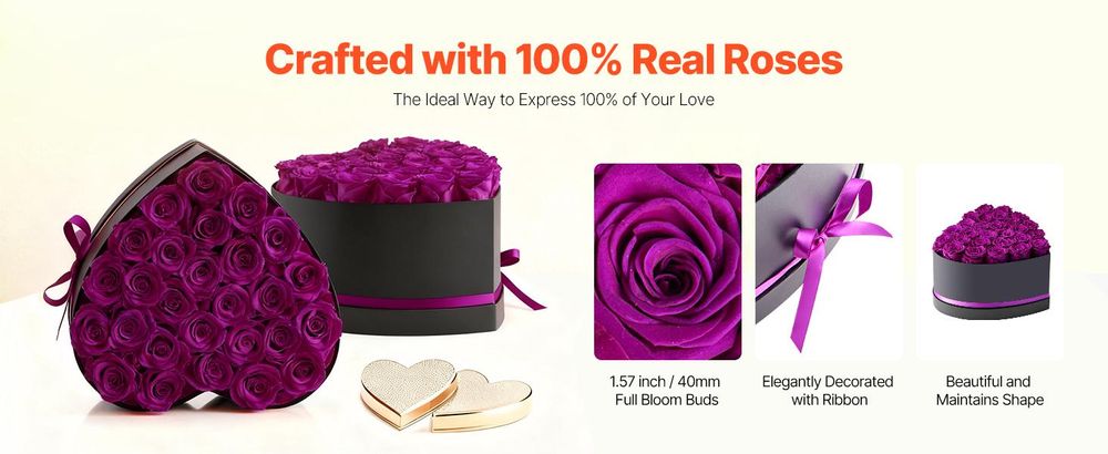 VEVOR Ewige Blumen, 100 konservierte Rosen in einer herzförmigen Box, ewige Blumen unsterblicher Strauß Geburtstagsgeschenk für Frauen, Ehefrauen, Mütter, Jubiläum, Valentinstag, Weihnachten, Rot, Herz-a, Lila