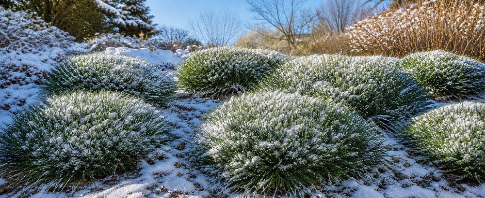 Grüne Polster unter dünner Schneedecke, klarer Frosttag.