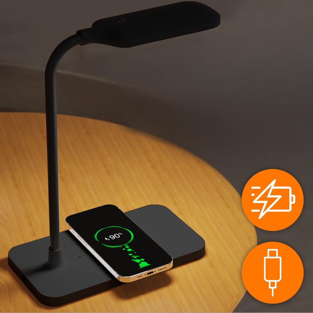 LED Schreibtischlampe Schwarz mit 15W Induktionsladegerät, Touch-Steuerung & 3 Lichtmodi, Nachttischlampe für Kinder & Büro, EVI TECH Qi Ladestation