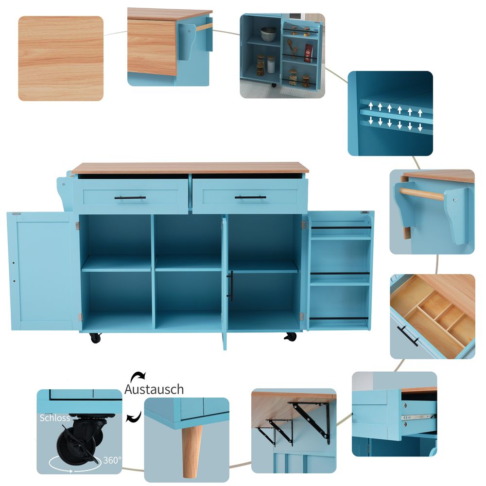 Flieks Servierwagen Kücheninsel mit 2 Schubladen, Küchentrolley Speisewagen mit Klappbar Arbeitsplatte, Küchenwagen mit Regal, 129x46-71x91.5cm, Blau