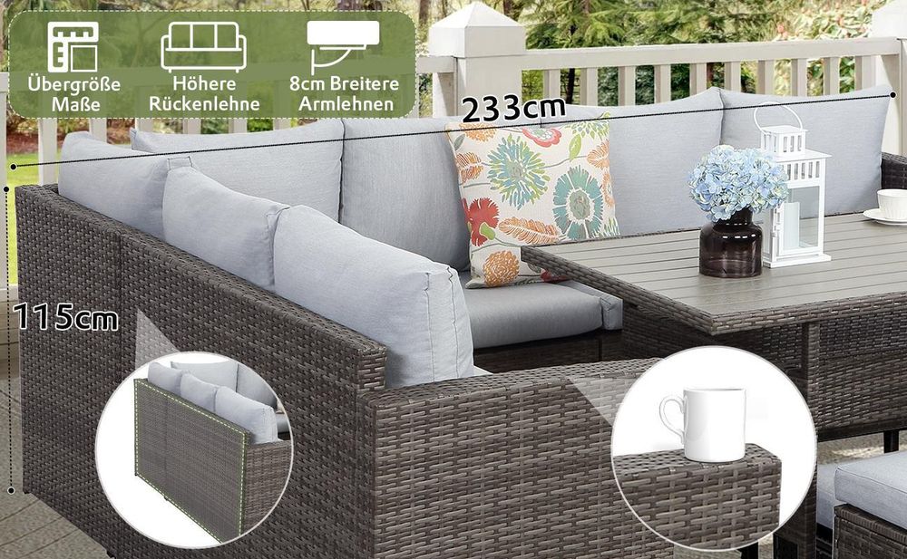 MeXo Gartenmöbel Set Polyrattan Essgruppe 7 Teile Lounge Sofa für 6-9 Personen mit Hocker, wetterfest Balkonset Sitzmöbel-Set Indoor Outdoor grau