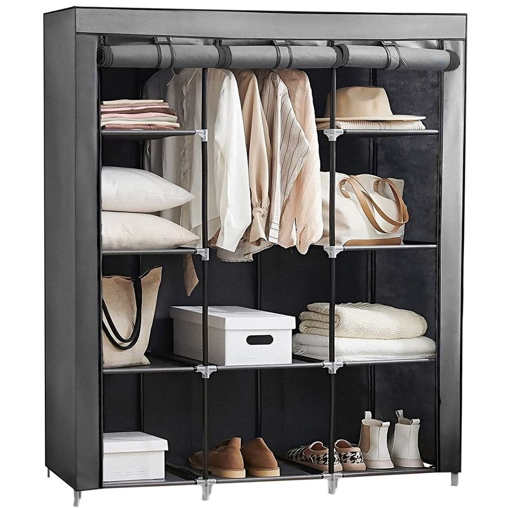 Faltschrank Kleiderschrank aus Stoff mit 2 Kleiderstangen und Ablagen 148x42x172,5 cm Schrank mit Reißverschluss Stoffschrank Faltbar Grau Retoo