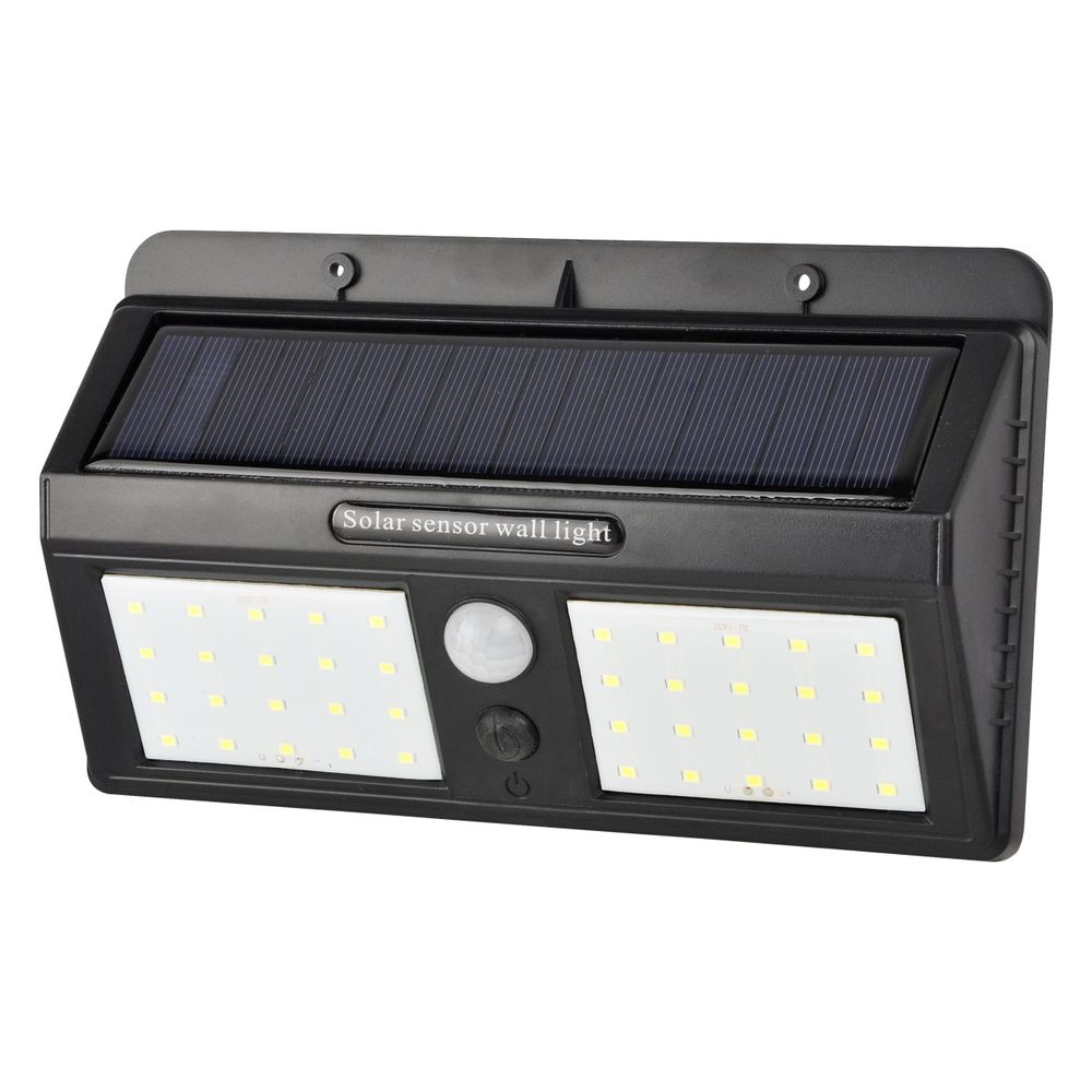 Schwarze LED-Solarwandleuchte mit Bewegungssensor und zwei Leuchtfeldern für den Außenbereich.