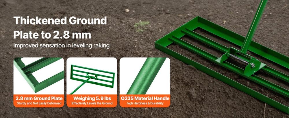 VEVOR Rasenebene-Rake, 30"x10" Rasenwerkzeug, Schwerlast-Rasenebner mit 78" Stahlverlängerungsgriff, Rasenebene-Rake geeignet für Garten, Golfplatz, Bauernhof, Legierung-10x30 Zoll