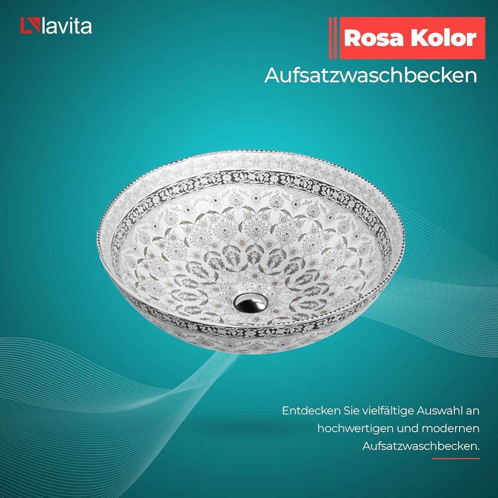 LAVITA Aufsatzwaschtisch Rosa Kolor | Aufsatzwaschbecken Rund | Waschbecken Ohne Überlauf und Hahnloch | Aus hochwertigem Porzellan | Waschtisch | 40x40x13,5 cm | Weiß/Schwarz/Grau
