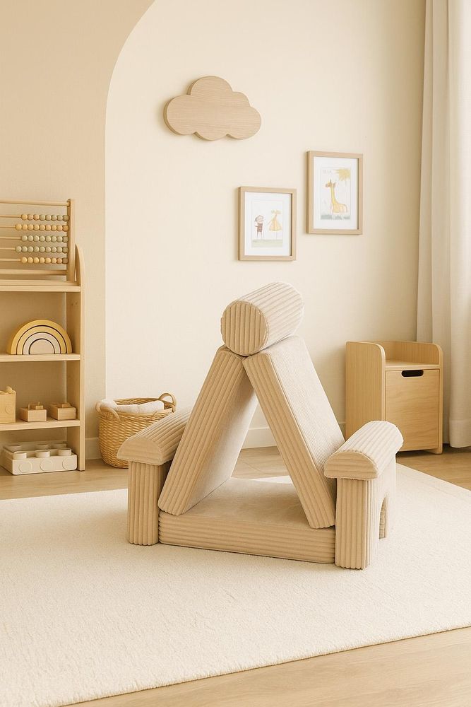 Spielsofa Kinder 11 tlg. modular – Kindersofa in Flanell Cord Optik -  Standard 100, formstabil, erweiterbar, Indoor Tobesofa (Beige)