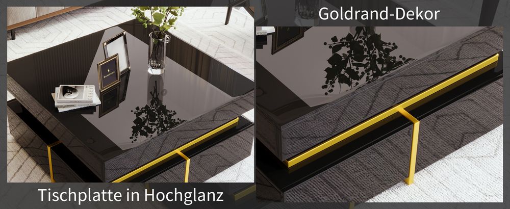 MODFU Couchtisch Wohnzimmertisch Hochglanz für Wohnzimmer, Schlafzimmer, Beistelltisch quadratischer mit Schubladen und goldenen Akzenten, schwarz