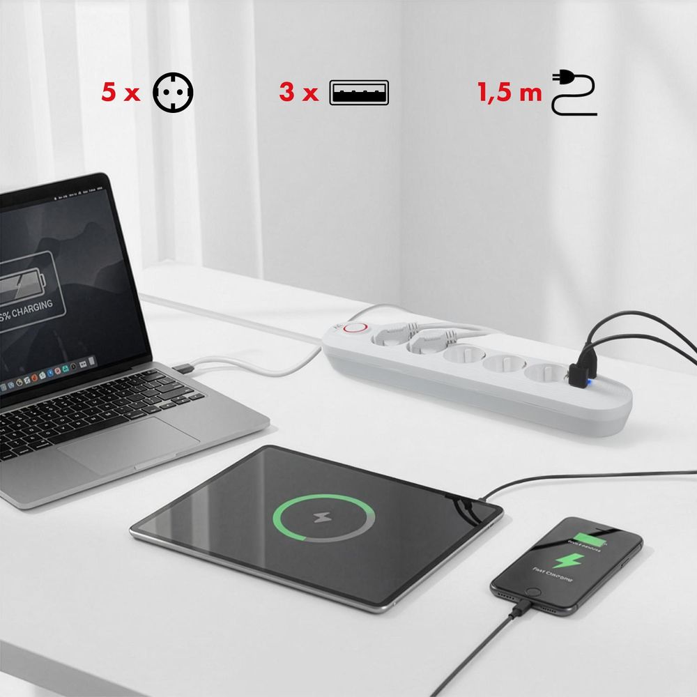 Maclean Steckdosenleiste 5 Steckdosen-Verlängerungskabel + 3xUSB 110-240V AC 50/60Hz 2,1A max 2500W 1,5m weiß MCE395 W