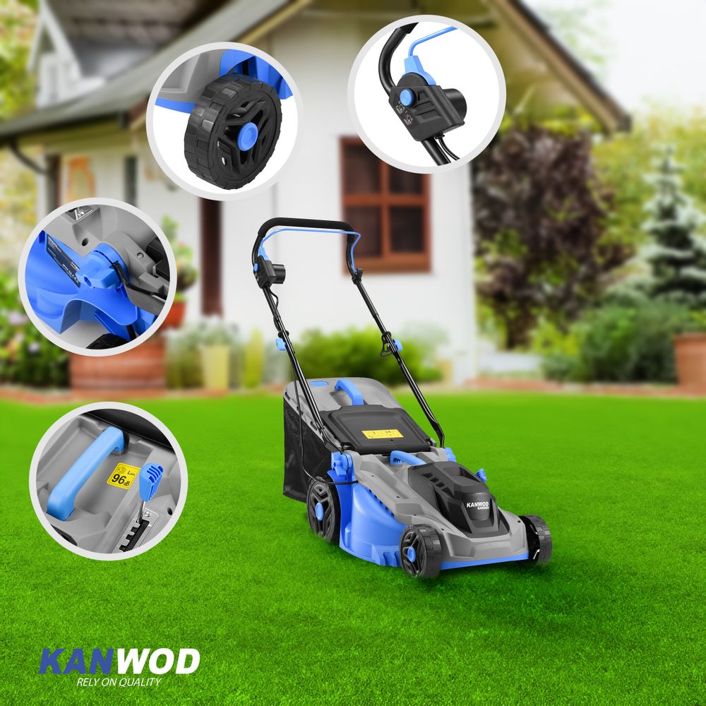 Kanwod 1600 W Elektro Rasenmäher mit 38 cm Schnittbreite, 5-stufige Schnitthöhenverstellung 30-75 cm, 42 Liter Grasfangkorb, bis 1000 m²