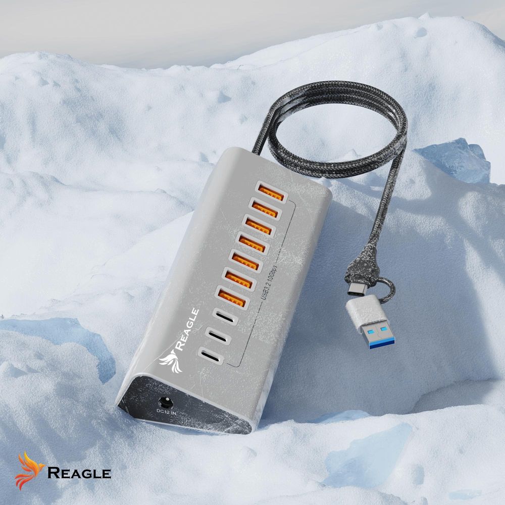 Aktiver USB 3.2 Hub 10in1 mit 36W Netzteil und 2in1 USB C USB A Kabel 10Gbps Datenübertragung für Desktop Laptop Dockingstation Reagle Aluminium
