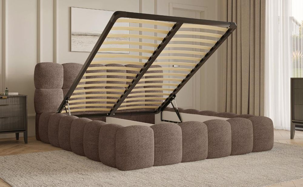 MOEBLO Polsterbett Bubble Bett 19 – Doppelbett im Wolkenbett-Design mit Bouclé-Bezug, gepolstertem Kopfteil, Bettkasten, Gasfedermechanismus und Lattenrost - 160x200 cm - Terrakotta (Arena 09)