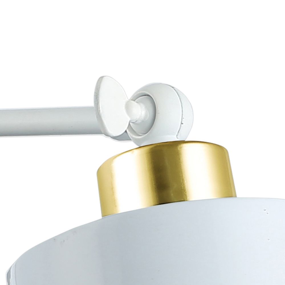 Lampe, verstellbarer Lampenkopf, weiß-goldene Konstruktion, Nahansicht des Gelenks.