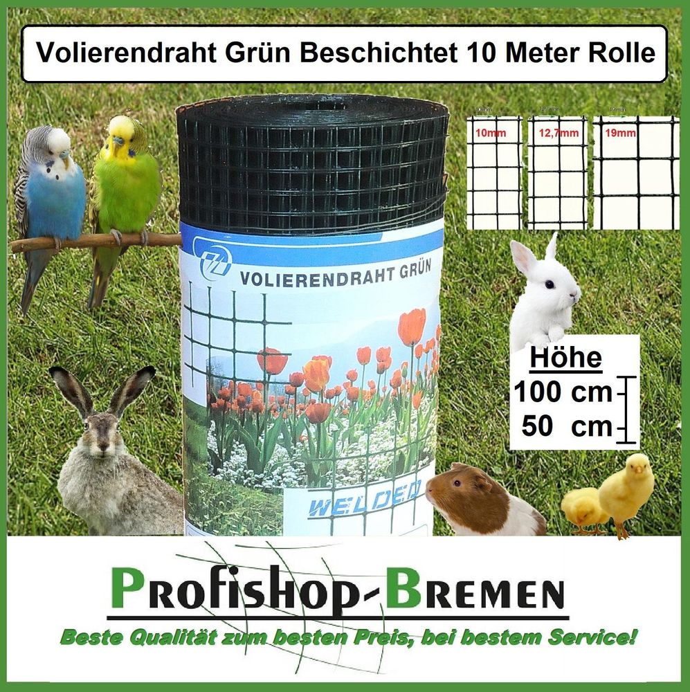 Volierendraht grün / Höhe 100 cm / Länge 10 Meter / Maschenweite 19x19 mm / Grundpreis pro Meter 2,10 EUR