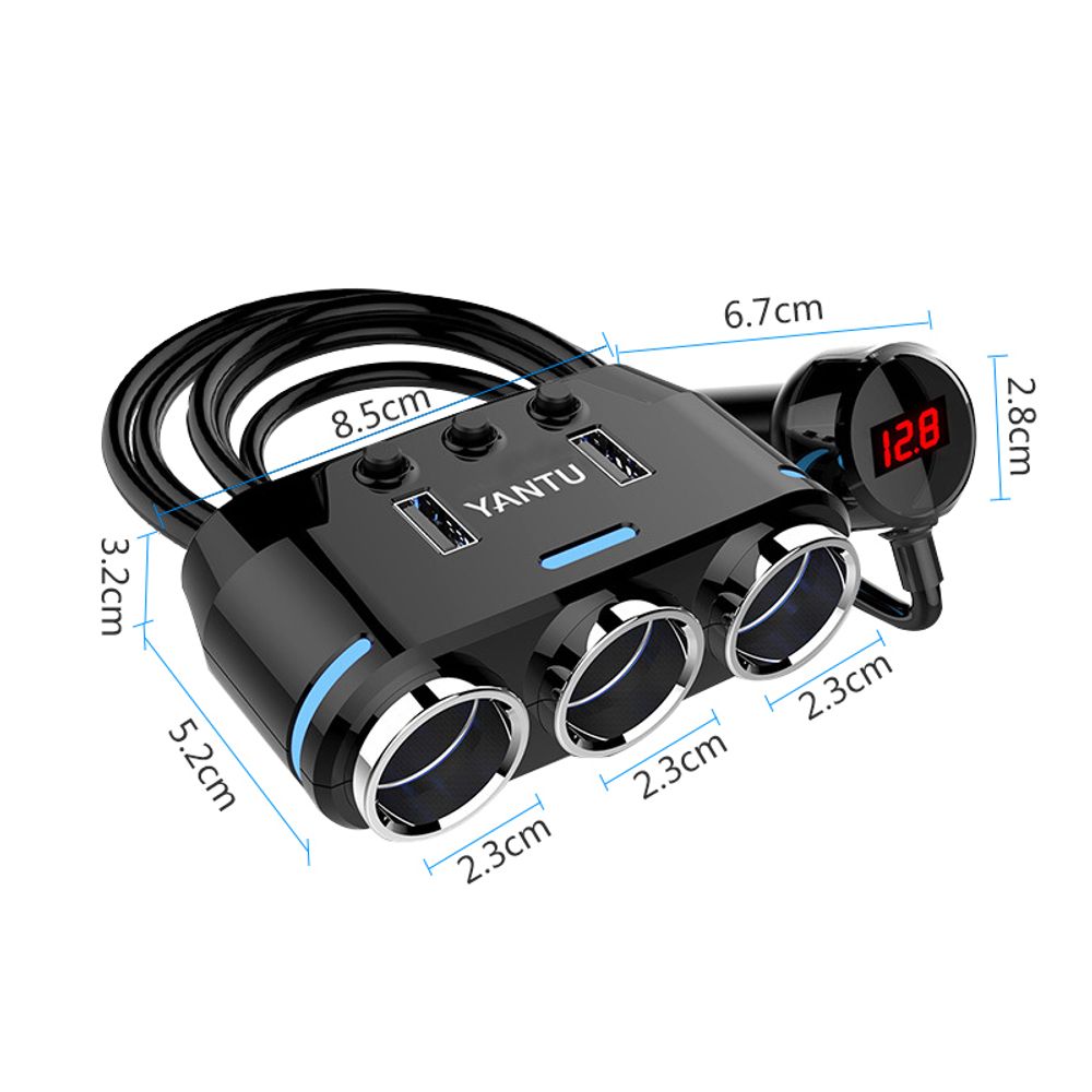 KFZ Zigarettenanzünder Verteiler 100W 12V/24V Zigaretten Anzünder Steckdose Auto Ladegerät Adapter mit 2 USB und 1 LCD Ports für Smartphone GPS Retoo
