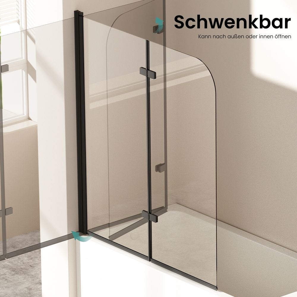 EMKE Duschabtrennung 110x140cm Faltwand für Badewanne Badewannenaufsatz Mattes Schwarz Duschwand aus 6mm NANO Easy Clean GLAS