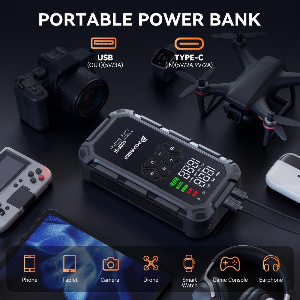 POPDEER PD-JA66 Starthilfegerät 6000 A mit Luftkompressor 160 PSI, für alle Benzin- und 8L-Dieselmotoren, LCD-Display, USB-Anschluss, LED-Leuchte