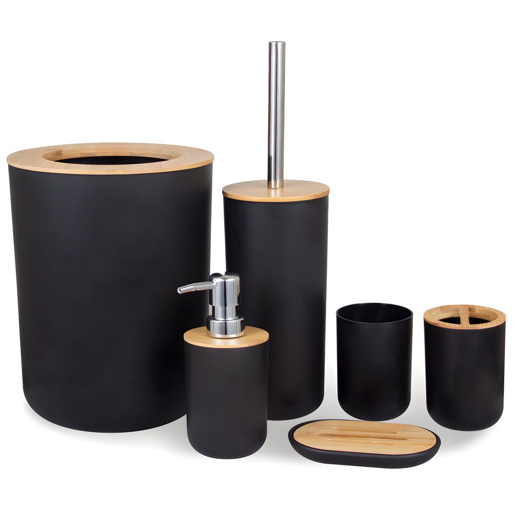 Badezimmer Set 6-tlg  Bambus Bad Zubehörset Toilettenset Lotionspender Mülleimer Zahnbürstenhalter Zahnputzbecher Toilettenbürste Seifenschale Retoo
