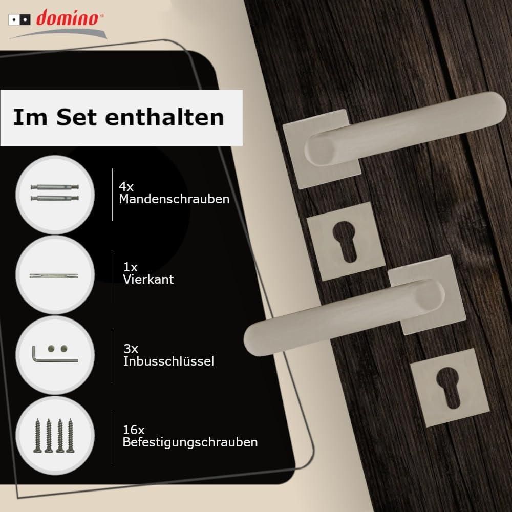 DOMINO Türgriff Drückergarnitur PZ - Profilzylinder Set | quadratische Rosette | Türklinke für Zimmertür, Bürotür, Kellertür & Innentür| Türbeschläge aus Aluminium| Satin Nickel Türdrückergarnitur | DENVER-QR SLIM SN
