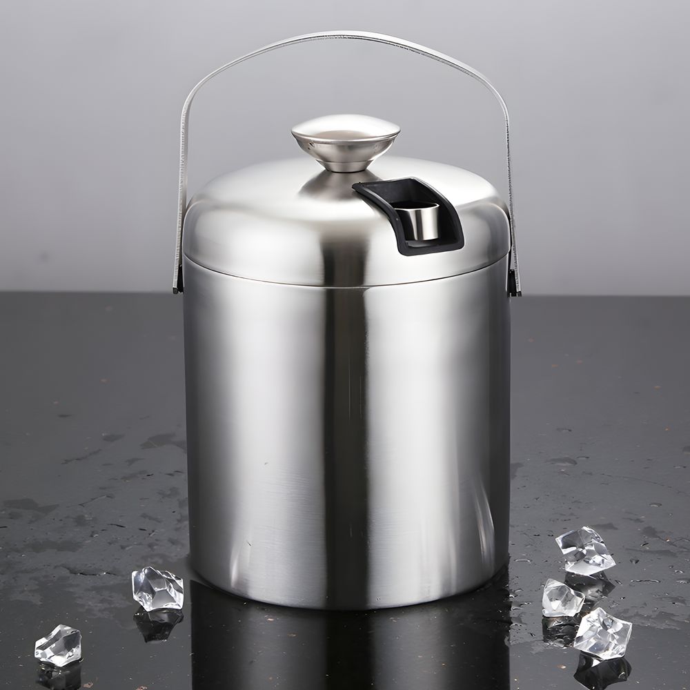 Eiseimer aus Edelstahl mit Deckel & Zange Eiswürfelbehälter Eisbehälter Serviereimer Doppelwandig 1.3 Liter Silber Retoo