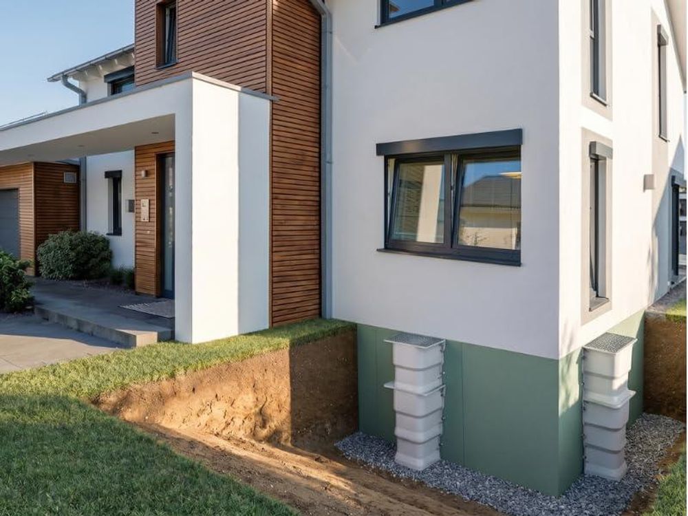 Lichtschächte an Hausfassade mit Aufsatzelementen und verzinkten Stahlrosten