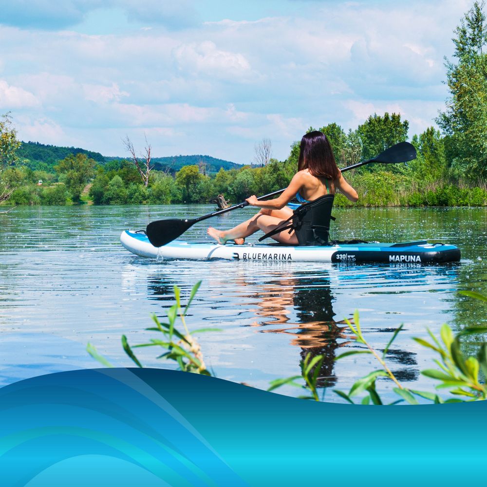 Bluemarina Kajaksitz | SUP Zubehör - Kajak Kanu Stand Up Paddle - inkl. Paddel - Surfboard Sitz - Polster - Rückenlehne - Für Modelle mit 4 D-Ringen