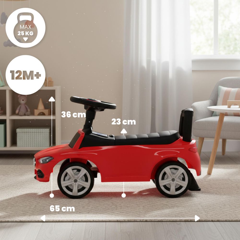 Zijaanzicht van de loopauto met afmetingen en leeftijdsindicatie.