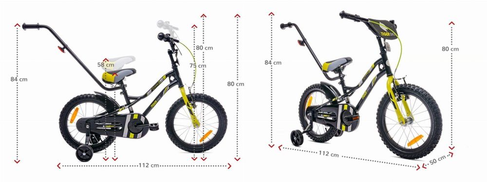 Bicicleta infantil con medidas y ajustes de sillín y manillar visibles