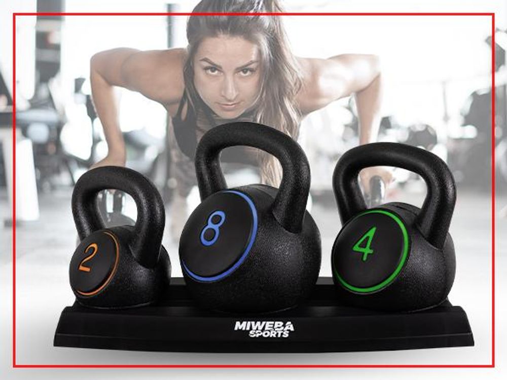 Miweba Sports Kettlebell-Set | 3-er Set - mit Ablage - 2kg, 4kg, 8kg - Ganzkörper-Workout - Schwunghantel - Widerstandsfähig - Kugelgewicht - Hantel