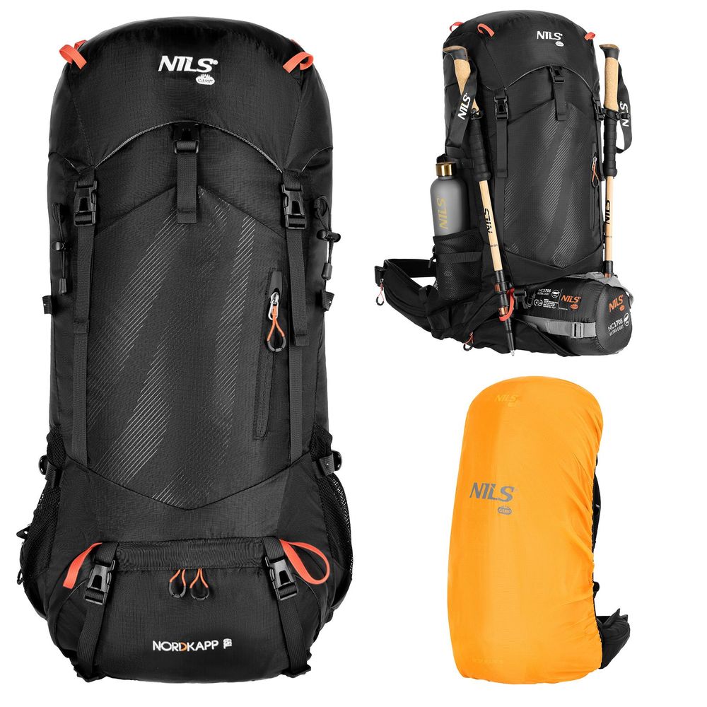 Nils Camp NC1992 Trekkingrucksack Nordkapp 65L schwarz wasserdicht Air-Flow-System mit Regenschutz