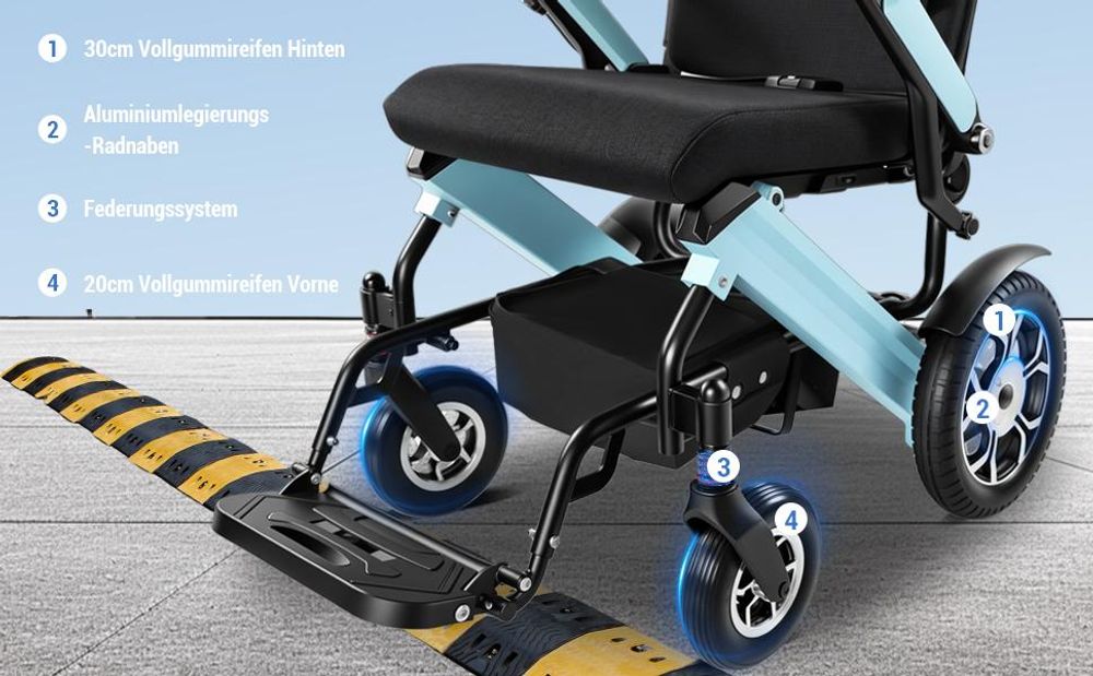 ZYGENAIR Elektrorollstuhl Blau - Komfortable Federung & robuste Räder für stabile Fahrten